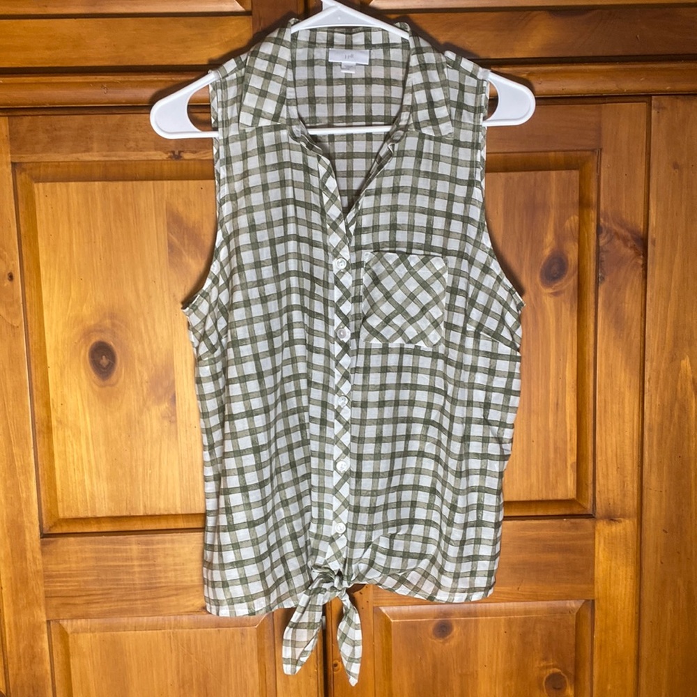 J. Jill Green and White Checked Womens Sleeveless Button Down Tie Blouse